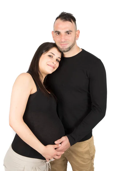 Glad Gravid Kvinna Kärlek Med Man Make Studio Vit Vägg — Stockfoto