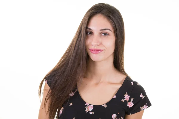 Alegre Jovem Mulher Cabelo Longo Fundo Branco Vestido Flores — Fotografia de Stock