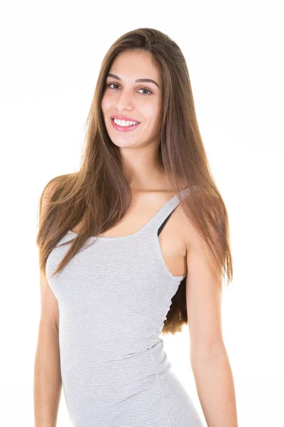 スリム ビューティー灰色で若い女性女の子ドレス ホワイト バック グラウンド — ストック写真