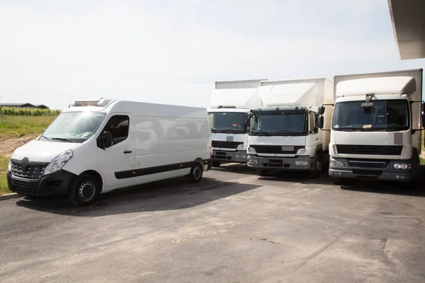 Several Delivery Van White Logistic Truck Service Transportation Distribution Park — Stock Photo, Image