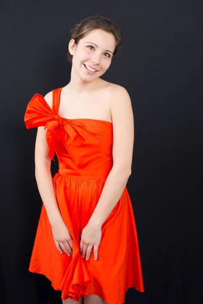 Веселая Милая Молодая Девушка Красном Платье Вечеринки — стоковое фото