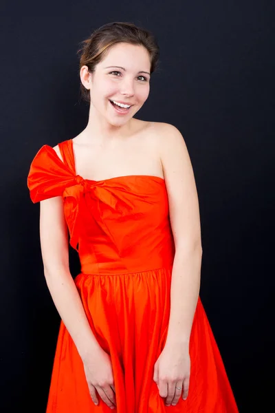 Beautiful Young Woman Smiling Red Dress Girl Summer Party Fashion — Stock Photo, Image