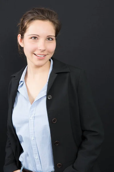 Cute Girl Black Jacket Blue Blouse — Stock Photo, Image