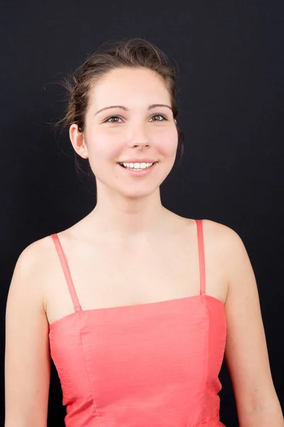 Sonriente Concepto Felicidad Con Joven Linda Mujer Vestido Rojo — Foto de Stock