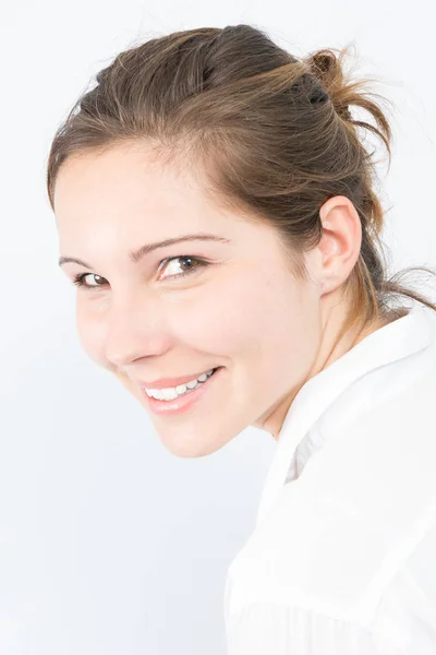 Uśmiechający Się Biznes Kobieta Białym Tle Uśmiech Ząb — Zdjęcie stockowe