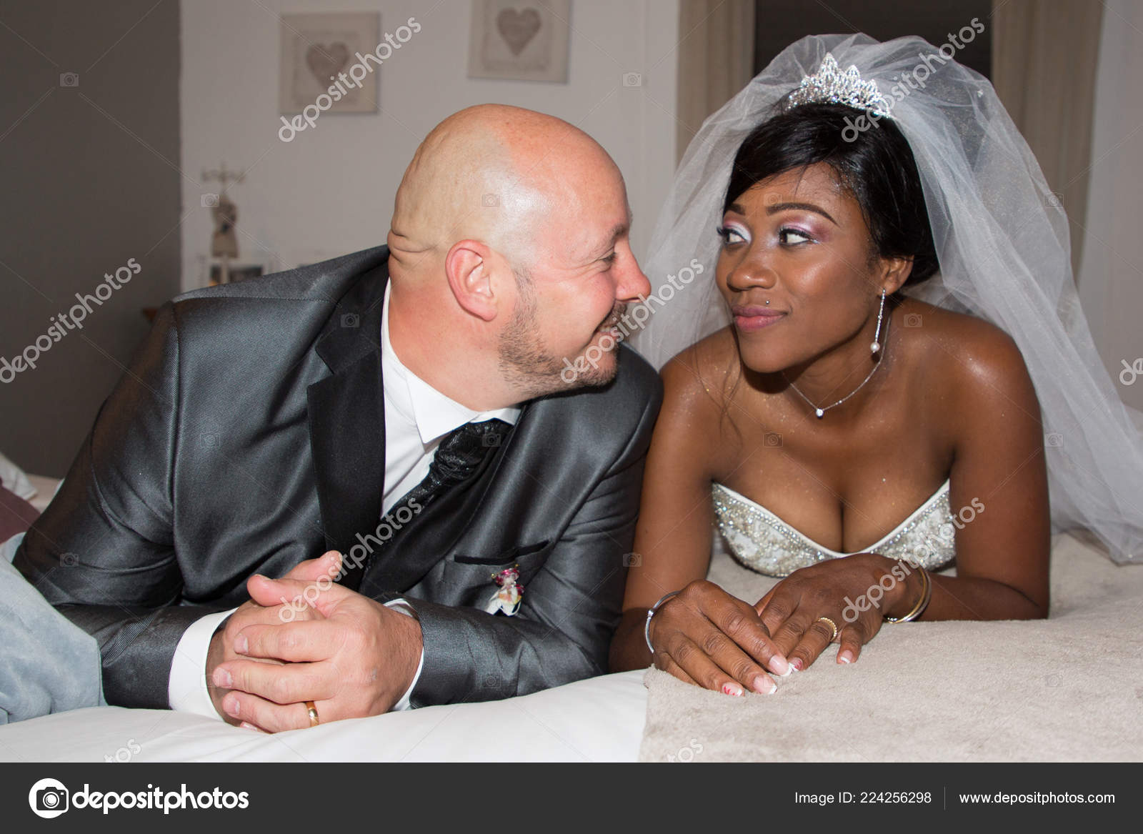 Bald Caucasian Man Groom African American Bride Beauty Wedding