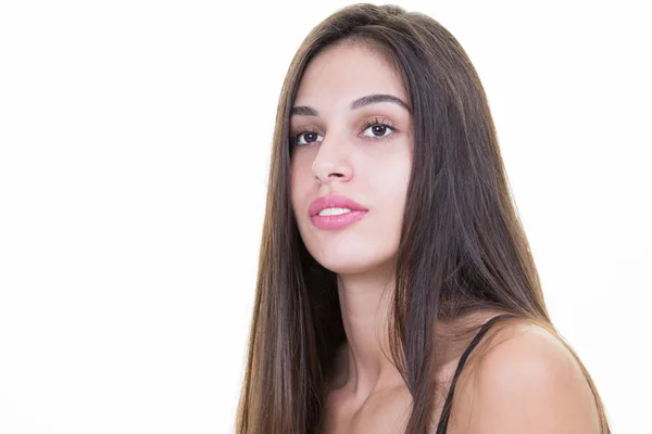 Chica Morena Retrato Pelo Largo Sobre Fondo Blanco — Foto de Stock