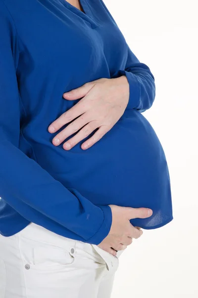 Zwangere Vrouw Buik Zwangerschap Moederschap Mensen Verwachting Concept Blauw Shirt — Stockfoto
