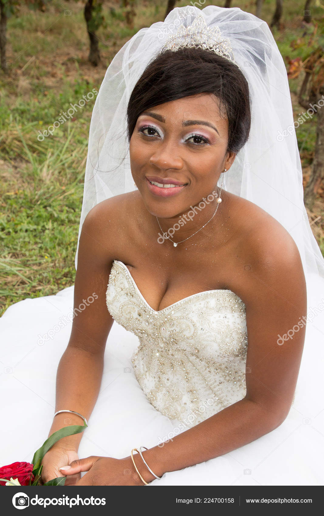 Black American African Bride Woman Wedding Gown Portrait Stock