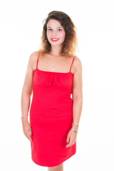 Menina Encaracolado Beleza Vestido Vermelho Casual Fundo Branco — Fotografia de Stock