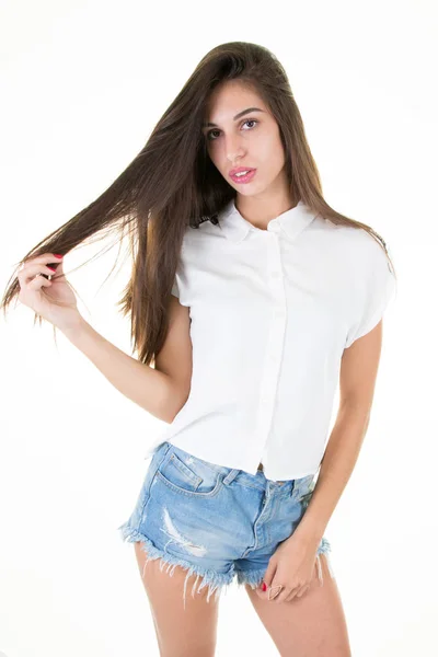 Adolescente Chica Hermosa Morena Alegre Disfrutando Aislado Blanco Fondo —  Fotos de Stock