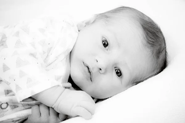 Lovely Newborn Girl Boy Lying Blanket Retro Black White Picture — Stock Photo, Image