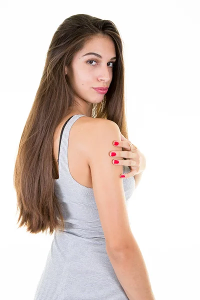 Wspaniały Model Młoda Kobieta Doskonały Brunetka Włosy Patrząc Pozowanie Kamery — Zdjęcie stockowe