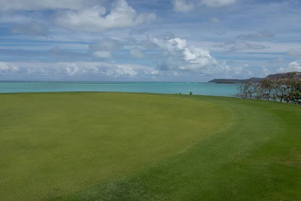 Wspaniały Widok Zielone Nadbrzeżne Pola Golfowego Tle Morza — Zdjęcie stockowe