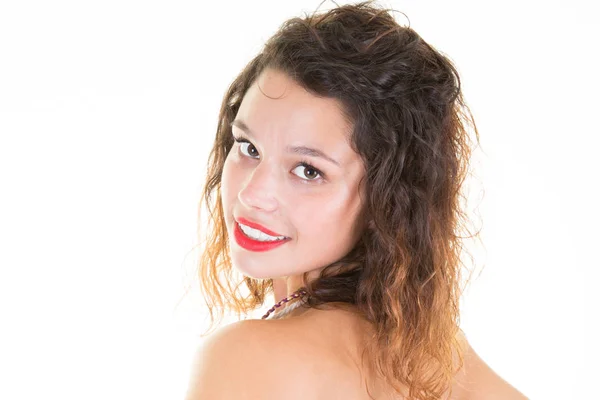 Bella Ragazza Riccia Ritratto Con Rossetto Rosso Sfondo Bianco — Foto Stock