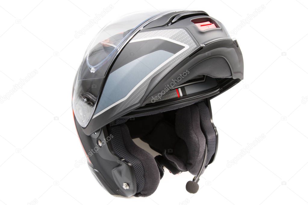 Black grey flip up modular touring helmet Isolated on white background