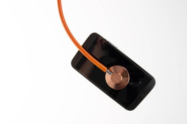 turuncu ince çizgi stetoskop ile cep telefonu izole üzerinde beyaz arka plan kavramı tavsiye, yılı, onay, ilk yardım