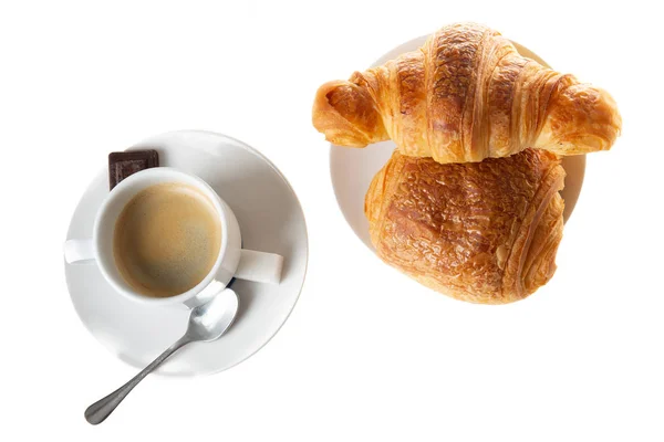 Vista Plana Superior Una Taza Café Con Croissant Pastelería Chocolate — Foto de Stock