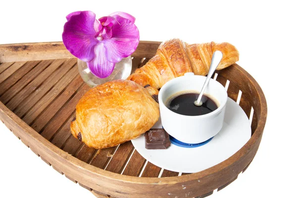 Wooden Tray French Coffee Croissant Pastry Chocolate — Stock Photo, Image