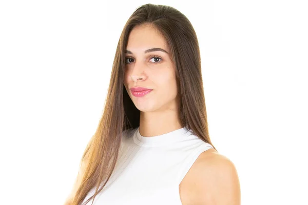 Hermosa Cara Mujer Cerca Retrato Joven Estudio Sobre Fondo Blanco —  Fotos de Stock