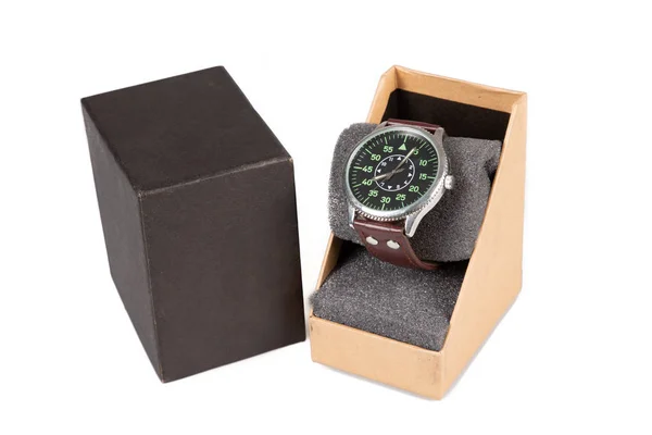Pulso Relógio Homem Luxo Caixa Presente Contra Fundo Branco — Fotografia de Stock