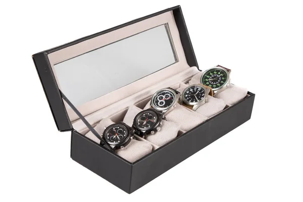 Relógio Homem Luxo Caixa Presente Com Relógio Luxo Contra Fundo — Fotografia de Stock