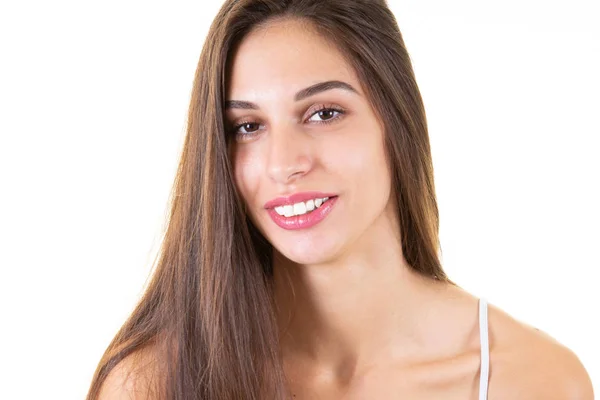 Morena Chica Sonriente Adolescente Mujer Joven Con Pelos Largos —  Fotos de Stock
