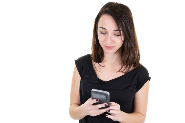 Chica Feliz Leyendo Mensaje Teléfono Inteligente Con Espacio Copia Sobre —  Fotos de Stock