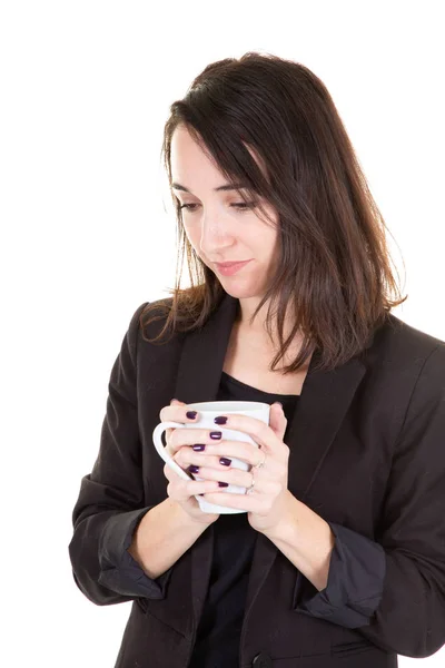 Portrait Young Woman Drinking Coffee Thinking Future — Stock Photo, Image