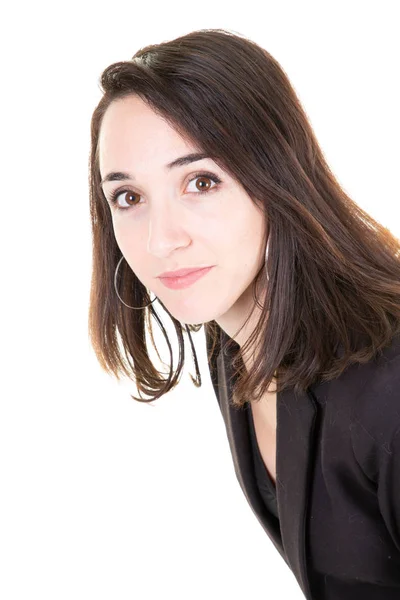 Retrato Uma Jovem Mulher Negócios Atraente Fundo Branco Isolado — Fotografia de Stock