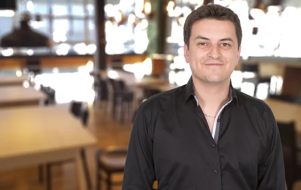 Male Portrait Smiling Proud Owner Man Standing His Restaurant — Stockfoto