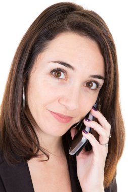 Cep telefonu üzerinde konuşurken istemci ile telefonla konuşmayı güzel işkadını portre