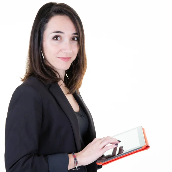 Young Pretty Businesswoman Using Tablet Computer White Background — Stock Photo, Image