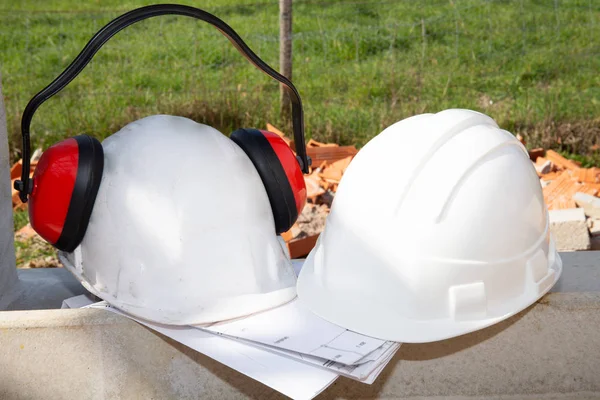 Two Construction Helmet Placed Wall Construction — Stock Photo, Image