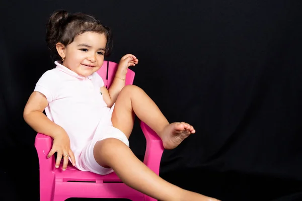 Girl Child Sit Small Pink Chair Happy Fun Smile Black — Stock Photo, Image