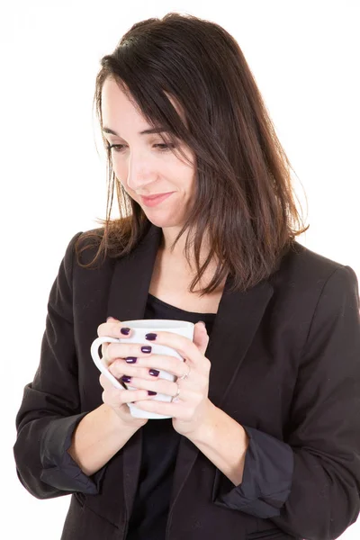 Portrait Happy Woman Thinking Looking Away Cup Tea Coffee — Stock Photo, Image