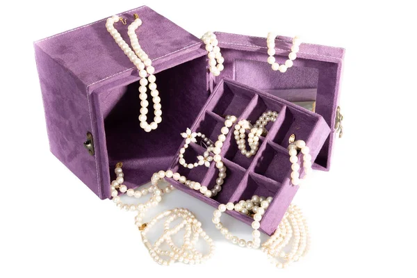 Lot Necklace Pearl Jewerly Box Purple Bracelet Vintage — Stock Photo, Image