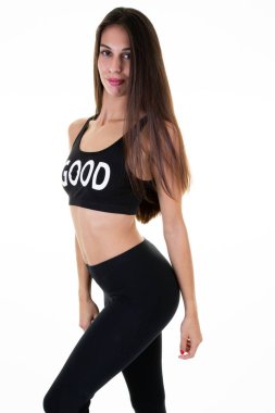 kız siyah spor giyim beyaz fitness genç kadında vücut beyaz arka plan üzerinde uygun.