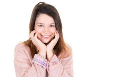 güzel moda mutlu kadın düşünme eller çene portresi