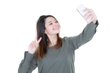 Sevimli genç kadın selfie fotoğraf telefon smartphone ile yapma