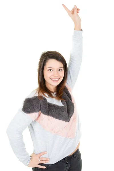 Bella Felice Giovane Donna Grigio Rosa Maglione Invernale Mani Aria — Foto Stock