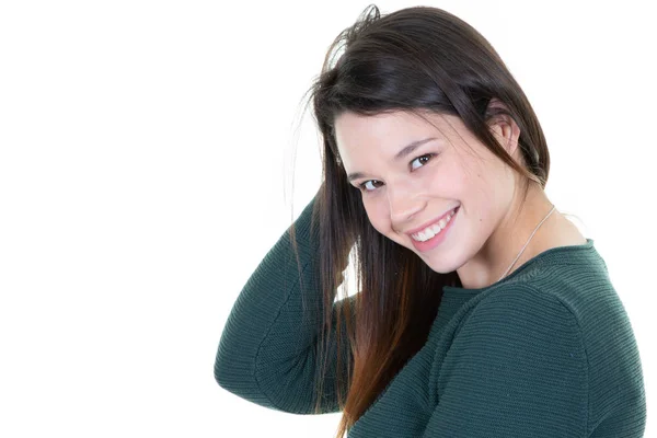 Retrato Una Joven Mujer Feliz Sonriendo Sobre Fondo Blanco — Foto de Stock