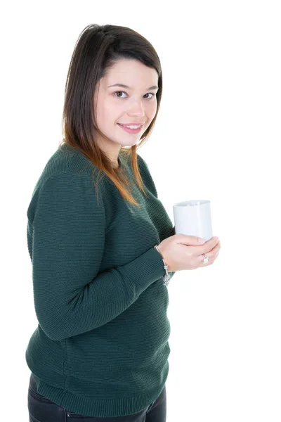 Young Woman Cup Coffee Looks Camera — Stock Photo, Image