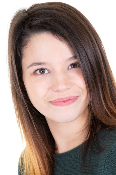 Jovem Feliz Mulher Beleza Retrato Sorrindo Fundo Branco — Fotografia de Stock