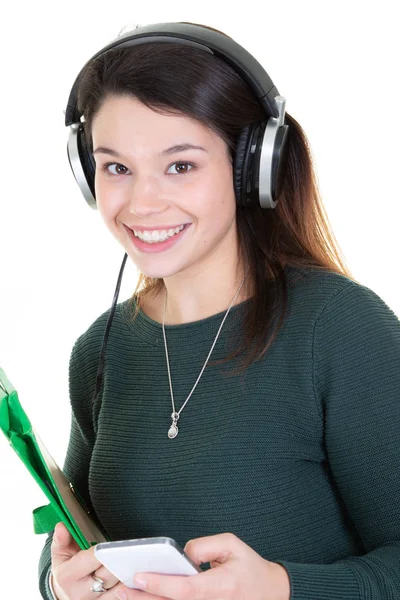 Ritratto Una Giovane Studentessa Deliziata Che Ascolta Musica — Foto Stock