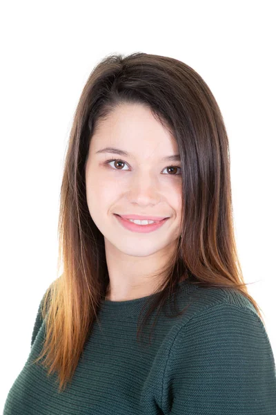 Retrato Linda Joven Sonriente Mujer Mira Cámara — Foto de Stock