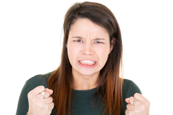 Сердитая Симпатичная Молодая Женщина Белом Фоне — стоковое фото