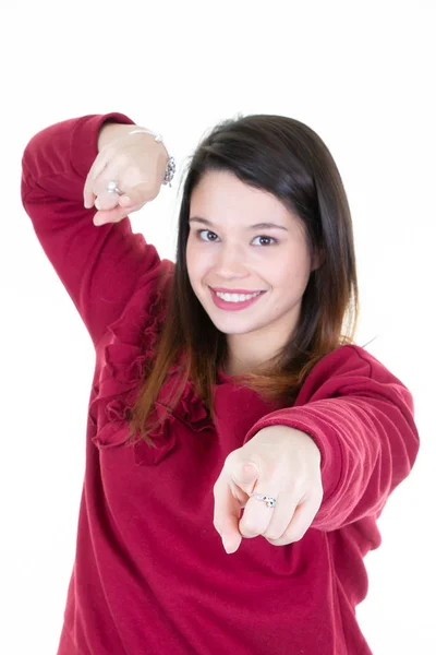 Забавная Девушка Указывающая Пальцем Камеру — стоковое фото