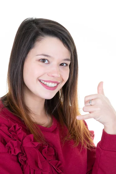 Αρκετά Χαμογελαστός Νεαρή Γυναίκα Χειρονομίες Τηλέφωνο Χέρι Δάκτυλα Μου Τηλεφωνήσει — Φωτογραφία Αρχείου
