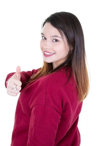 Espalda Atractiva Mujer Suéter Rojo Con Pulgar Hacia Arriba —  Fotos de Stock